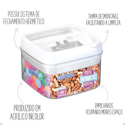 Imagem de 2 Pote Hermético Acrílico Quadrado Pequeno Com Trava 400 Ml