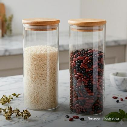 Imagem de 2 Pote Organizador Vidro Multiuso Cozinha Tampa Bambu Lavanderia Armario 1150ml Mantimento Alimento