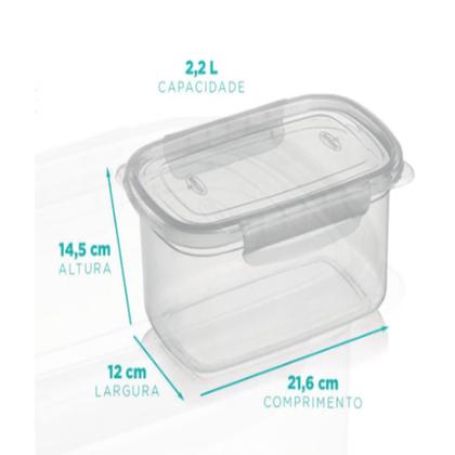 Imagem de 2 Pote Plástico C Tampa Trava Laterais 2,2l Alimento Marmita