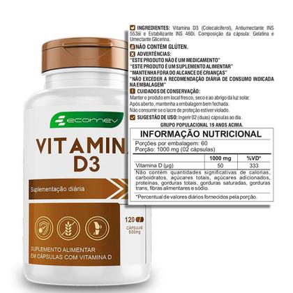 Imagem de 2 Potes Vitamina D3 2.000UI Pura Formula Importada Maior Absorção 120Cáps Ecomev