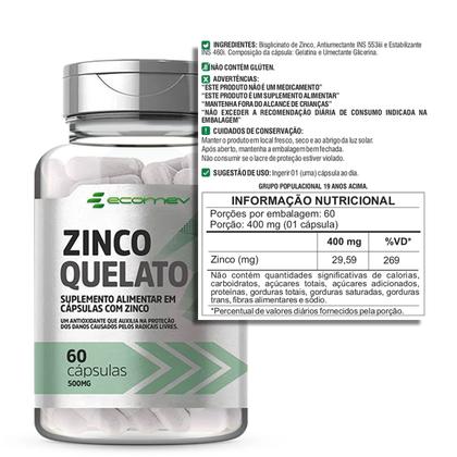 Imagem de 2 Potes Zinco Quelato Puro Dose Máxima 400mg 120Cáps Ecomev