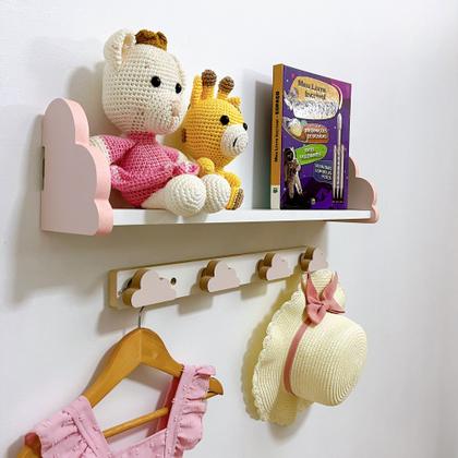 Imagem de 2 Prateleiras nuvem rosa 60cm e 2 cabideiros formas infantil