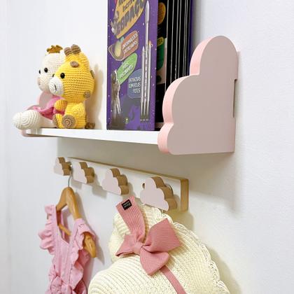 Imagem de 2 Prateleiras nuvem rosa 60cm e 2 cabideiros formas infantil