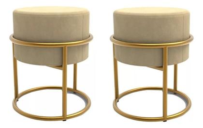 Imagem de 2 Puff Iron Base Ferro Argola Dourada Metalizada Suede Bege