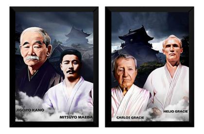 Imagem de 2 Quadros Jiu Jitsu Mestres Kano Maeda Carlos Helio Gracie