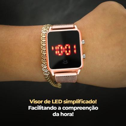 Imagem de 2 relogio feminino digital led aço inox + caixa casual preto original qualidade premium rosa rose