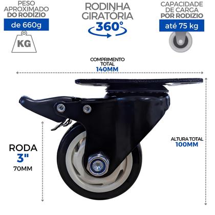 Imagem de 2 Rodinhas Rodízio Roda Reforçada Giratória Com Freio 70mm 3 Polegadas