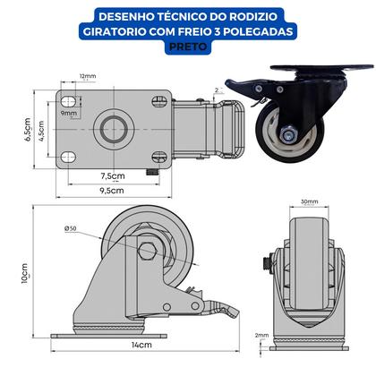 Imagem de 2 Rodinhas Rodízio Roda Reforçada Giratória Com Freio 70mm 3 Polegadas