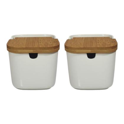 Imagem de 2 Saleiros Branco 9cm Porcelana Com Tampa De Bambu Porta Sal