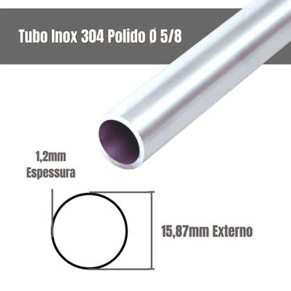 Imagem de 2 Tubo Inox Polido 5/8 (15,87 Mm) Parede 1,2mm Barra 100cm