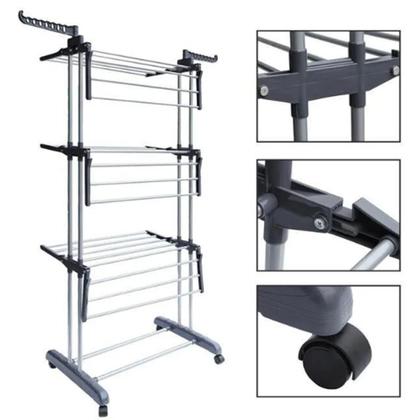 Imagem de 2 Varal Chão Dobrável 3 Andares Grande Articulado Metal Preto 160cm Interno Externo Casa Vertical Ferro