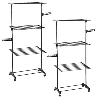 Imagem de 2 Varal Chão Dobrável 3 Andares Grande Articulado Metal Preto 160cm Interno Externo Casa Vertical Ferro