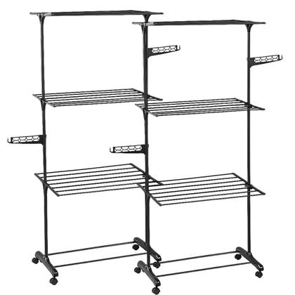 Imagem de 2 Varal Chão Dobrável 3 Andares Grande Articulado Metal Preto 160cm Interno Externo Casa Vertical Ferro