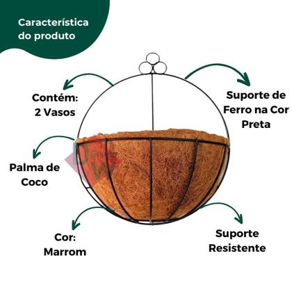 Imagem de 2 Vasos Cuia Fibra de Coco c/Suporte Meio Vaso Vertical 20cm