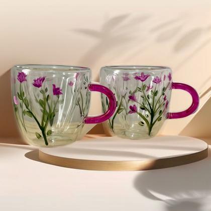 Imagem de 2 Xícaras de Café Expresso com Alça em Duplo Vidro Pintado a Mão Coleção Floral - Lembrei de Você 