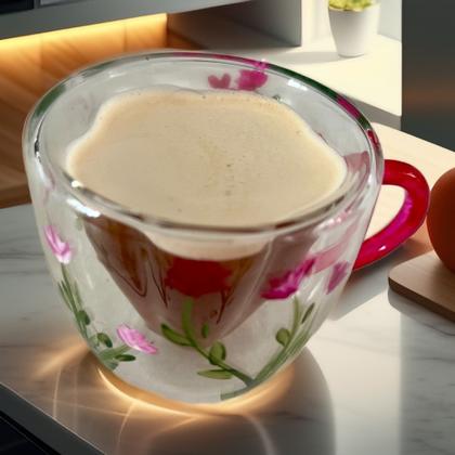 Imagem de 2 Xícaras de Café Expresso com Alça em Duplo Vidro Pintado a Mão Coleção Floral - Lembrei de Você 