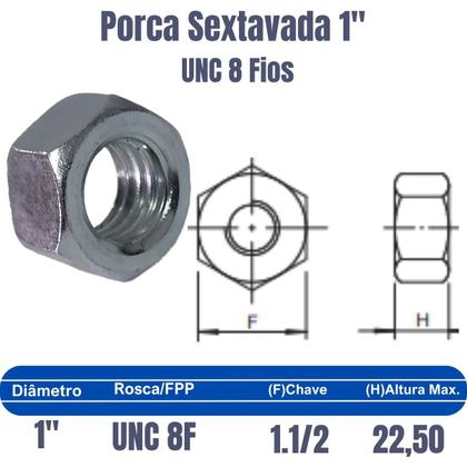 Imagem de 20 Porca Sextavada Ferro Zincada 1" X 8F Rosca Grossa UNC