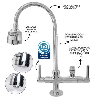 Imagem de 2142 C80 Torneira Gourmet Cromada Para Bancada Pia Cozinha Para Filtro 1/4 ou Purificador 1/2 Com Tubo Flexível Giratório Chuveirinho