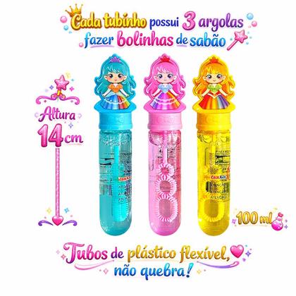 Imagem de 24 Tubos de Bolha de Sabão Bonecas Princesas Caixa Festa Sacola Surpresa
