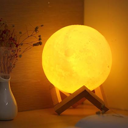 Imagem de 2x Luminária Lua Cheia 3D Abajur LED com Alto Relevo e Base para Decoração sem Fio com Suporte 8 cm