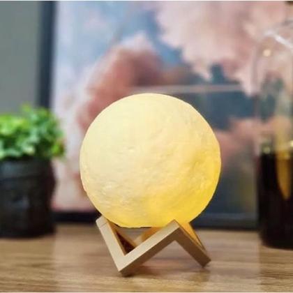 Imagem de 2x Luminária Lua Cheia 3D Abajur LED com Alto Relevo e Base para Decoração sem Fio com Suporte 8 cm