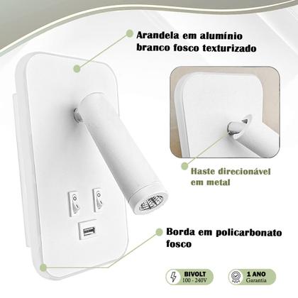 Imagem de 3 Arandela Spot Leitura Foco Móvel Led Interruptor USB Bet79