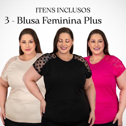 Imagem de 3 Blusas Elegantes Plus Size Feminina Social Com Renda nos Ombros Gola Redonda Modinha Mulher