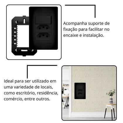 Imagem de 3 Conjunto Interruptor Simples + 2 Tomadas 10a Preto Fosco