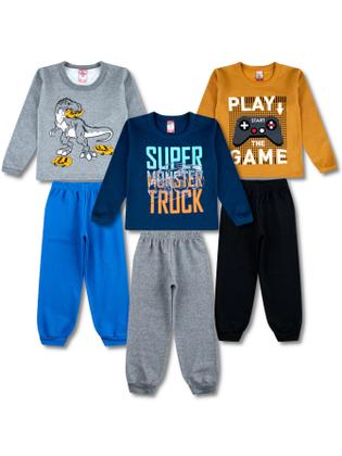 Imagem de 3 Conjuntos Moletom Infantil Masculino Roupa de Inverno Menino 6 Peças - 3 Blusas e 3 Calças