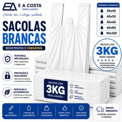 Imagem de 3 kg sacola plastica branca 30x45 reforçada reciclada grossa