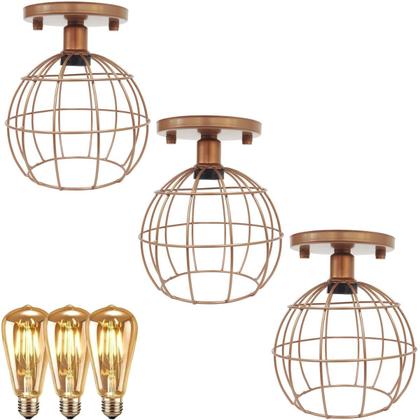 Imagem de 3 Lustre Teto Plafon + 3 Lâmpada Led St64 Industrial Aramado Globo Retrô Vintage Cobre Rose Gold