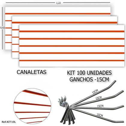 Imagem de 3 PAINEIS CANALETADOS 1,22 x 0,61+ 100 GANCHOS 15CM + CANALETA LARANJA