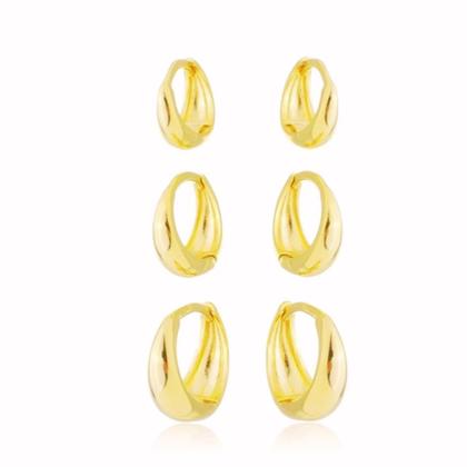 Imagem de 3 pares brinco Trio de argola gota clicker ouro 18k banhada