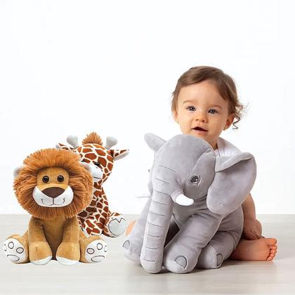 Imagem de 3 Pelúcias Baby Safari Leãozinho Girafinha e Elefante para Decoração de Quarto do Bebê