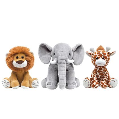 Imagem de 3 Pelúcias Baby Safari Leãozinho Girafinha e Elefante para Decoração de Quarto do Bebê