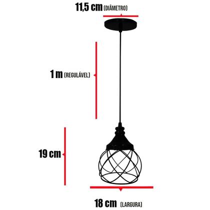 Imagem de 3 Pendentes Aramado Esfera Balonê Preto Lustre Luminária Teto Regulável Sala Cozinha Industrial Agp
