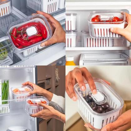 Imagem de 3 Potes Organizadores de Geladeira 650ml Acrílico Com Cesto Interno Tampa Com Respiro Preserva Frescor Frutas e Legumes