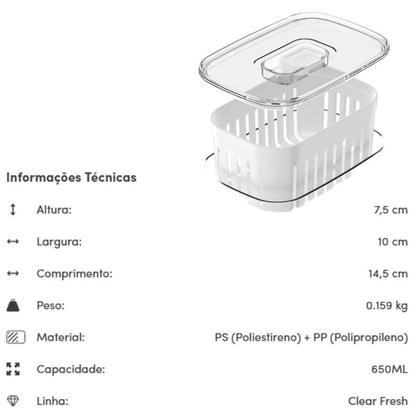 Imagem de 3 Potes Organizadores de Geladeira 650ml Acrílico Com Cesto Interno Tampa Com Respiro Preserva Frescor Frutas e Legumes