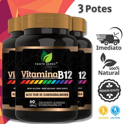 Imagem de 3 Potes Vitamina B12 Alto Teor Concentrado Kit 180 Cáps - Fonte Verde