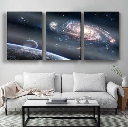 Imagem de 3 Quadros Com Moldura Espaço Buraco Negro 60x40 Com Vidro Moldura Preta