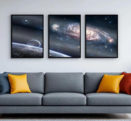 Imagem de 3 Quadros Com Moldura Espaço Buraco Negro 60x40 Com Vidro Moldura Preta
