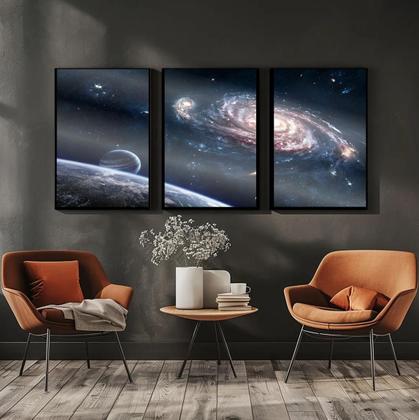 Imagem de 3 Quadros Com Moldura Espaço Buraco Negro 60x40 Com Vidro Moldura Preta