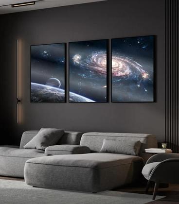 Imagem de 3 Quadros Com Moldura Espaço Buraco Negro 60x40 Com Vidro Moldura Preta