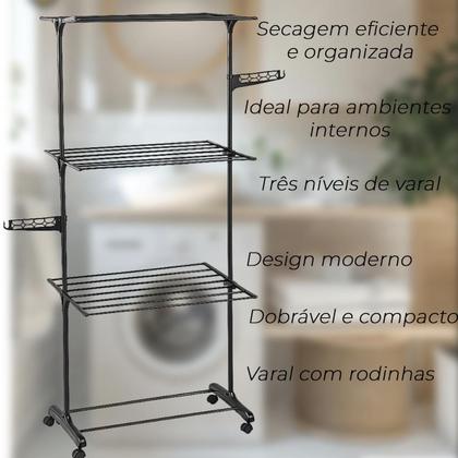 Imagem de 3 Varal Chão Dobrável 3 Andares Articulado Inox Preto 160 cm Interno Externo Lavanderia Casa Prático