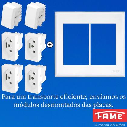 Imagem de 3un Interruptor Simples  2 Teclas 16A e Tomada Quádrupla Padrão 2P+T 20A Com Placa Evidence FAME