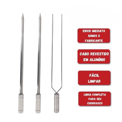 Imagem de 3x Espetos Para Churrasco Inox Espada e Duplo Lâmina 60cm