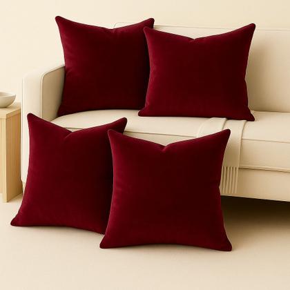 Imagem de 4 Almofadas Cheia Veludo Sala Sofa Quarto Decorativa 45x45 Vermelha