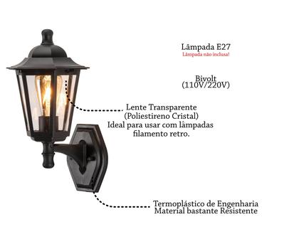 Imagem de 4 Arandela Preta Externa Colonial Lente Transp. Fachada Lup42