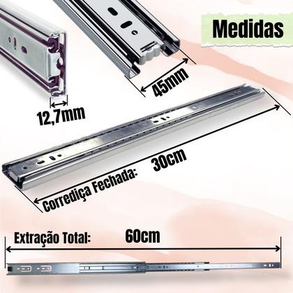 Imagem de 4 Corrediça Telescópica H45 30cm 300mm 45KG - 2 PAR Gaveta Moveis Armário Trilho Reforçada Larga Pesada Zincada Corredica Gavetas Armario 