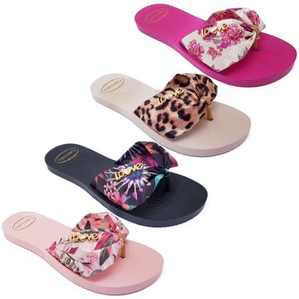 Imagem de 4 Pares Chinelo Sandália Feminina Laço Tecido Estampado K112